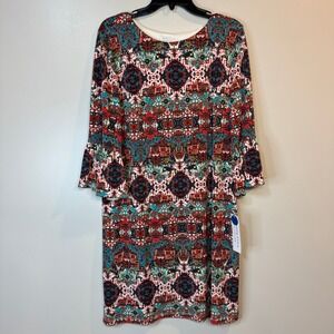 London Style Collection Womens 16 Bell Sleeve Shift Dress Bohemian Print NEW